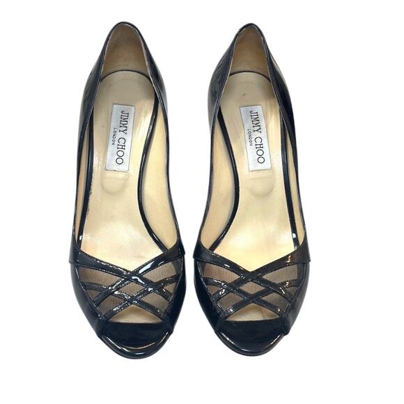 Jimmy Choo London 38.5 Black Patent Leather Mesh Peep Toe Heels – Made in Italy - Picture 1 of 6